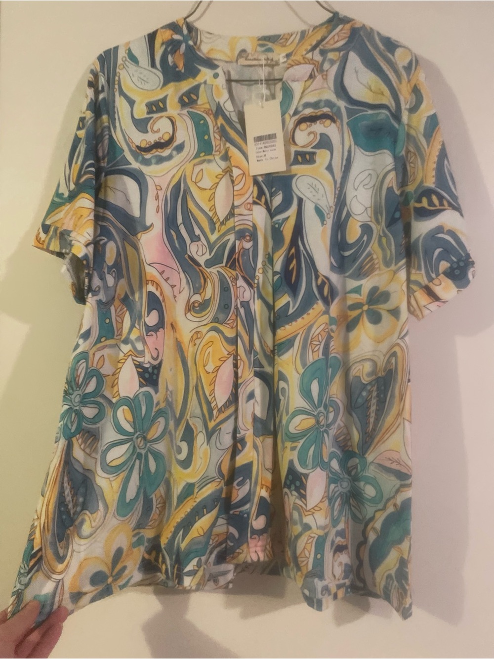 Colorful Paisley Floral Button-Front Top - Teal, Yellow, Pink